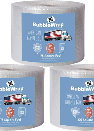 4 large rolls of Bubble Wrap total 700 feet, small bubbles 3/16 cushioning, 700 ft, heavy duty, perforated Every 12" Made in the USA by American Bubble Boy, bulk packaging wrap for moving and shipping