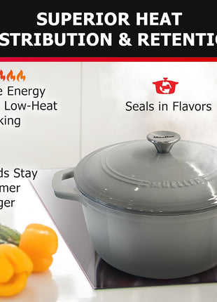 Mueller 6 Quart Enameled Cast Iron Pot Dutch Oven, Heavy-Duty | Oven-Safe up to 500°F & Across All Cooktops, Casserole Dishes for Ovens, Bread Pan with Lid & Knob, Cast Iron Cookware, Grey