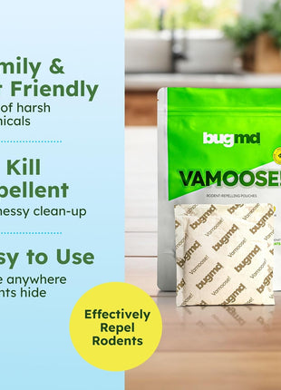 BugMD Vamoose! Rodent Repellent Pouches (1 Pack, 4 Pouches) Plant-Powered Rat Repellent, Mouse Deterrent, Indoor & Outdoor Mice Repellent, Best Mouse Repellent, Natural Rat & Mouse Repellent