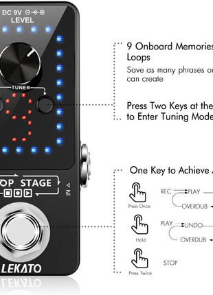 LEKATO Looper Guitar Pedal Guitar Loop Pedal Tuner Pedal 9 Loops 40 Minutes Record Time Unlimited Overdubs for Electric Guitar Bass (Black)