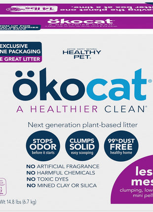 ökocat Less Mess Low Tracking Wood Clumping Cat Litter Mini- Pellets, Unscented, 14.8 pounds - Natural Ingredients, Stops Odor, Clumps Solid, 99% Dust Free, Great for Long-Hair Breeds, All Cats