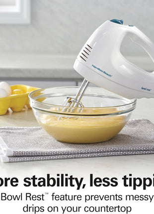 Hamilton Beach 6-Speed Electric Hand Mixer With QuickBurst and Bowl Rest | Powerful 250 Watt Motor | Traditional Beaters | Snap-On Storage Case | White | 62682G