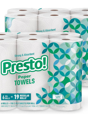 Amazon Brand - Presto! Flex-a-Size Paper Towels, 158 Sheet Huge Roll, 12 Rolls (2 Packs of 6), Equivalent to 38 Regular Rolls, White