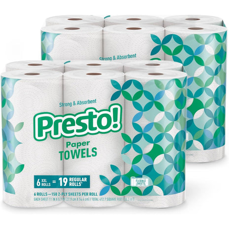 Amazon Brand - Presto! Flex-a-Size Paper Towels, 158 Sheet Huge Roll, 12 Rolls (2 Packs of 6), Equivalent to 38 Regular Rolls, White