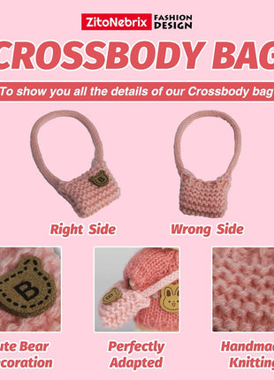 5-Pcs Handmade Crochet Doll Clothes for 15-17cm Plushies, Aesthetic Pink Knitted Set with Bear Velvet Hat, Canvas Shoes & Bag - Soft Dress-up Gear for Art Figures, Idol & Cotton Styles (No Doll)
