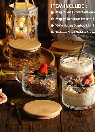 4pcs Set Vintage Coffee Mugs gifts for women, Overnight Oats Containers with Bamboo Lids and Spoons   14oz Clear Embossed Glass Cups, Cute Coffee Bar Accessories, Iced Coffee Glasses