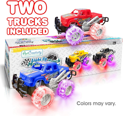 Light-Up Monster Truck Toys (2-Pack) ??Push-&-Go Cars with Glowing Wheels ??Birthday Gift for Toddlers, Boys & Girls Ages 3+ ??Durable Friction-Powered Trucks ??Batteries Included