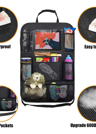 ULEEKA Car Backseat Organizer with 10 inch Table Holder, 9 Storage Pockets Seat Back Protectors Kick Mats for Kids Toddlers, Travel Accessories, 2 Pack