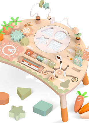 Wooden Activity Table for Toddlers, 9 in 1 Montessori Toy | Sensory Learning, Bead Maze, Shape Sorter, Fishing Game, Spinning Gears, Wood, CPSIA Certified, Gift for Boys Girls