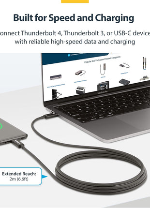 StarTech.com 6ft (2m) Active Thunderbolt 4 Cable - 40Gbps - 100W PD - 4K/8K Video - Thunderbolt Cable - Compatible w/USB4/DP Alt Mode, Thunderbolt 3, USB 3.2/Type-C (A40G2MB-TB4-CABLE)