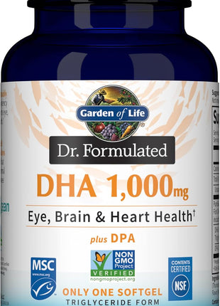 Garden of Life Dr. Formulated DHA 1,000mg Fish Oil - Lemon, Once Daily 1000mg DHA + DPA in Triglyceride Form, Single Source Omega 3 Supplement for Ultimate Eye, Brain & Heart Health, 30 Softgels