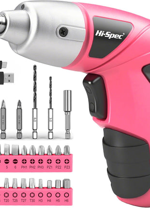 Hi-Spec Small Electric Screwdriver, Mini Drill Set, Rechargeable 3.6V Cordless Screwdriver with 26 Driver Bits, Power Tool for Small Projects & Home Use, Pink