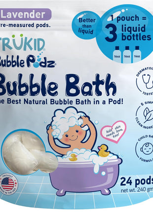 TruKid Bubble Podz Bubble Bath for Kids, Toddlers, & Babies, Tear Free Gentle & Refreshing Bath Bomb for Sensitive Skin with Natural Moisturizers, Non-Toxic, pH Balanced, Lavender Scent (24 Podz)