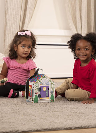 Melissa & Doug Take-Along Wooden Doorbell Dollhouse - Doorbell Sounds, Keys, 4 Poseable Wooden Dolls Portable Doll House, Doorbell House for Kids Ages 3+