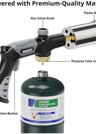 Sondiko Powerful Grill & Cooking Propane Torch L8010, Sous Vide, Welding Torch, Adjustable Wood Torch Burner for Searing Steak, BBQ, Campfire Starter(Black, Grey) Propane Tank Not Included