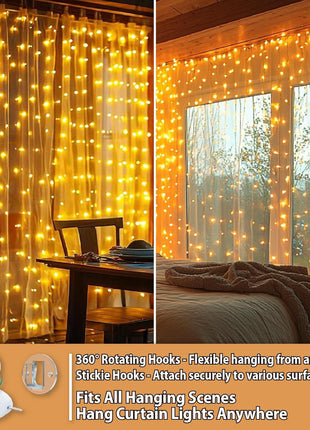 HXWEIYE 300LED Fairy Curtain Lights, 9.8x9.8Ft USB Plug-in 8 Modes Christmas String Hanging Lights with Remote for Bedroom Backdrop Wedding Indoor Wall Decor, Warm White, Standard – 1 Pack