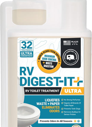Unique RV Digest-It Ultra RV Toilet Treatment, 32 Uses, Super Concentrated - Eliminates Smells and Liquifies Waste, Easy-Measure Extra-Strength Preventive Bio-Enzymatic Holding Tank Treatment (32 oz)