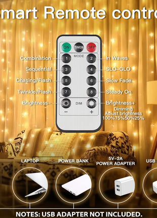 200 LED Curtain Lights Fairy Lights with Remote Bedroom 6.5x6.5ft | Warm White,USB Powered , IP44 Waterproof Indoor Outdoor Decor for Christmas Wedding Backdrop