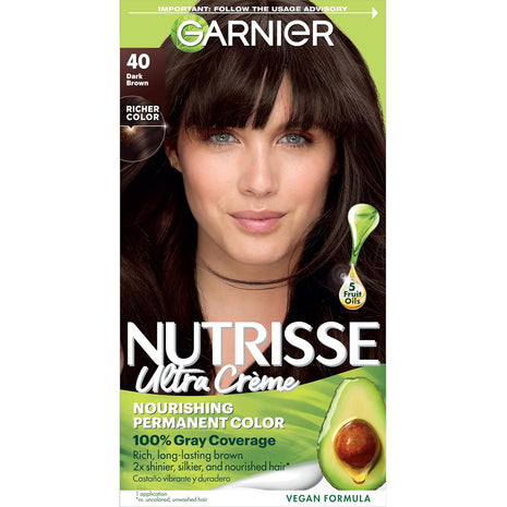 Garnier Hair Color Nutrisse Nourishing Creme, 40 Dark Brown (Dark Chocolate) Permanent Hair Dye, 1 Count (Packaging May Vary)