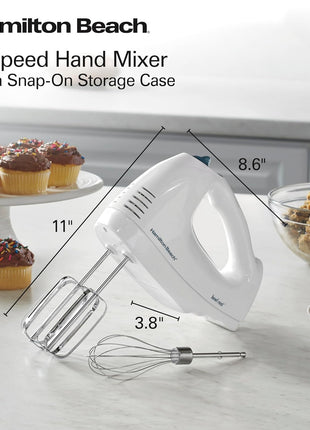 Hamilton Beach 6-Speed Electric Hand Mixer With QuickBurst and Bowl Rest | Powerful 250 Watt Motor | Traditional Beaters | Snap-On Storage Case | White | 62682G