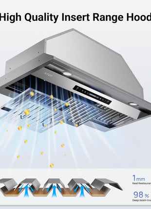 IKTCH 36 inch Built-in/Insert Range Hood 900 CFM, Ducted/Ductless Convertible Duct, Stainless Steel Kitchen Vent Hood with 2 Pcs Adjustable Lights and 3 Pcs Baffle Filters with Handlebar(IKB02-36'')