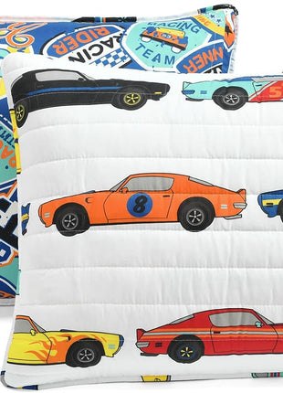 Lush Decor Race Car Kids' 3-Piece Quilt Bed Set, Reversible Bedding Set for Boys, White, Full/Queen