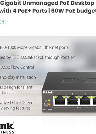 D-Link PoE Switch, 8 Port Ethernet Gigabit Unmanaged Desktop Switch with 4 PoE Ports 68W Budget (DGS-1008P),Black