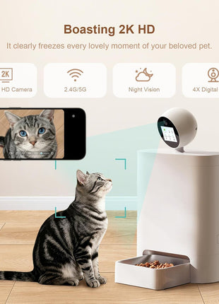 AI Smart Automatic Cat Feeder with 360° Camera, 2K HD Night Vision & 2-Way Audio, Smart APP Control, Up to 16 Meals/Day, 5.5L Timed Food Dispenser for Cats and Dogs