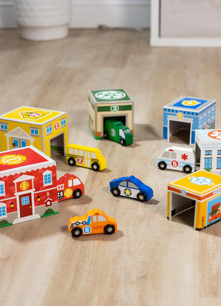Melissa & Doug Nesting and Sorting Blocks - 6 Buildings, 6 Wooden Vehicles - FSC Certified