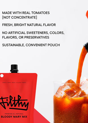 Filthy Bloody Mary Mix, Premium Cocktail Mixer - 32 Oz Pouch, 2 Pack | All-Natural Ingredients, Made with Real Tomatoes - Travel Friendly for Vacation & Home Bars - Non-GMO, Gluten-Free & Vegan