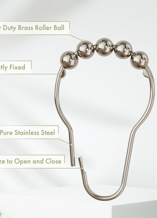 Amazer Shower Curtain Hooks, Decorative Rust Proof Stainless Steel Shower Curtain Hooks for Bathroom Shower Rods Set of 12, Polished Nickel