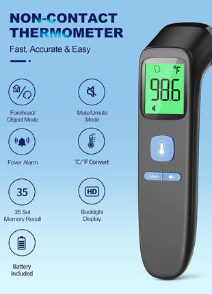 Non-Contact Forehead Thermometer for Adults and Kids, 1 Second Result | Accurate Reading with Large Display, Mute Mode, Memory Recall, Fever Alarm, Easy to use for Home & Hospital