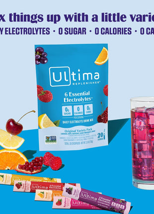 Ultima Replenisher Original Variety Electrolyte Packets, 20 Stickpacks | Daily Zero Sugar Powder Hydration Packets with 6 Key Electrolytes & Minerals - Sugar Free, Plant Based & Keto Friendly