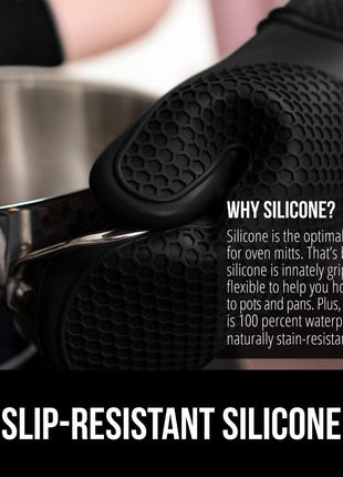 GORILLA GRIP BPA-Free Soft Silicone Oven Mitts, 550F Heat Resistant Waterproof Cooking Safety Gloves, Thick Cotton Lining, Flexible Gripping for BBQ Grilling, Kitchen Potholders Set, 12.5x8.3, Black