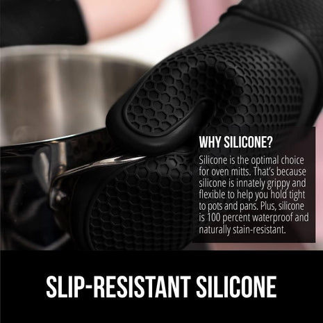 GORILLA GRIP BPA-Free Soft Silicone Oven Mitts, 550F Heat Resistant Waterproof Cooking Safety Gloves, Thick Cotton Lining, Flexible Gripping for BBQ Grilling, Kitchen Potholders Set, 12.5x8.3, Black