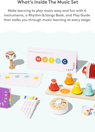 LOVEVERY | The Music Set | 6 Montessori Musical Instruments & Rhythm Book | Educational Toys for Toddlers & Preschoolers | Simple Songs and Play Guide | Ages 18 Months to 4+ Years