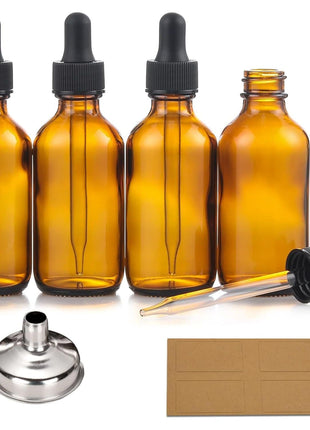 AOZITA 4 Pack, 2 oz Dropper Bottles with 1 Funnel & 4 Labels - Essential Oils Bottles for Health, Personal Care & Beauty - 60ml Thick Dark Amber Glass Tincture Bottles with Eye Droppers, Leakproof