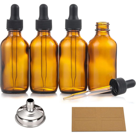 AOZITA 4 Pack, 2 oz Dropper Bottles with 1 Funnel & 4 Labels - Essential Oils Bottles for Health, Personal Care & Beauty - 60ml Thick Dark Amber Glass Tincture Bottles with Eye Droppers, Leakproof