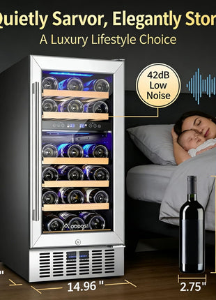 AAOBOSI 24 Inch Dual Zone Wine and Beverage Cooler,19 Bottles & 88 Cans Upgraded Wine Fridge,Built-in and Freestanding,Removable Fashion Wooden Frame,Intelligent Digital Temperatrue Control,Low Noise
