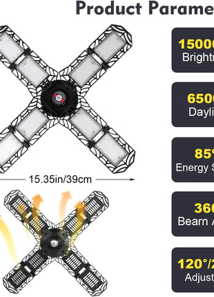 2 Pack LED Garage Light,Super Bright Screw in E26/E27 Ceiling Shop Work Lamp, 200W 20000 Lumen Deformable Basement Bulb Fixture with 8 Adjustable Panels