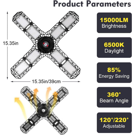 2 Pack LED Garage Light,Super Bright Screw in E26/E27 Ceiling Shop Work Lamp, 200W 20000 Lumen Deformable Basement Bulb Fixture with 8 Adjustable Panels