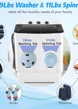 Nictemaw Portable Washing Machine, 19Lbs Washer 11Lbs Spinner, Drain Pump | 30Lbs Large Capacity Washer and Dryer Combo, Twin Tub, Time Control, Easy to Operate, for Apartment Dorms RV Home, Black