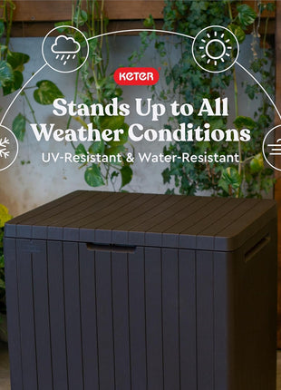 Keter City 30 Gallon Resin Outdoor Storage Box and Patio Furniture Side Table for Pool and Garden Accessories, Brown