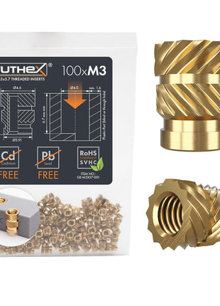 ruthex M3 Threaded Inserts - 100 Pieces RX-M3x5.7 Brass Heat Set Insert for Plastic Parts - Metric knurled Nuts - Insert by Heat into 3D Printing Components