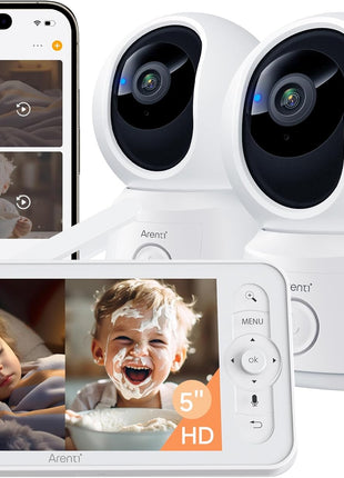 ARENTI Baby Monitor 2 Cameras, Smart Baby Camera with 5-Inch Wireless Display, Super Night Vision, Temperature Sensor, Sound Detection, Auto Motion Tracking, 2-Way Audio, VOX Mode(B2 Set)