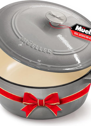 Mueller 6 Quart Enameled Cast Iron Pot Dutch Oven, Heavy-Duty | Oven-Safe up to 500°F & Across All Cooktops, Casserole Dishes for Ovens, Bread Pan with Lid & Knob, Cast Iron Cookware, Grey