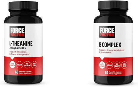 Force Factor L Theanine 200mg and Vitamin B Complex Supplement Bundle, 60 Capsules Each