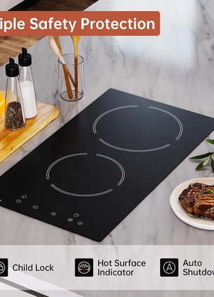 2 Burner Electric Cooktop, 2000 Watt, 110V with Plug | 12 Inch Touch Control Electric Stove Top for Countertop & Built-in Use | Timer, Child Lock, Hot Surface Indicator Included,Matte Black