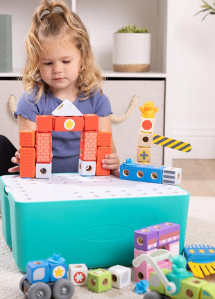 Melissa & Doug BlockablesTM Deluxe City Snap and Play, Mix and Match Connectable Wooden Building Blocks Set with Storage Bin and Play Lid (122 Pcs) Ages 2 to 7- FSC Certified
