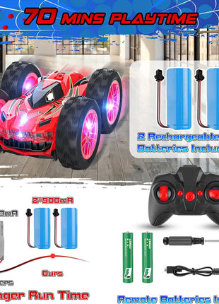 Remote Control Car for Kids, RC Stunt Cars Toys for Boys Ages 4-7 with Cool Double-Sided Pattern and LED Flash, 1:24 Vehicle Toy Car Hobby Racing Car Toys Gift for 3 4 5 6 7 8 9 Year Old Boys